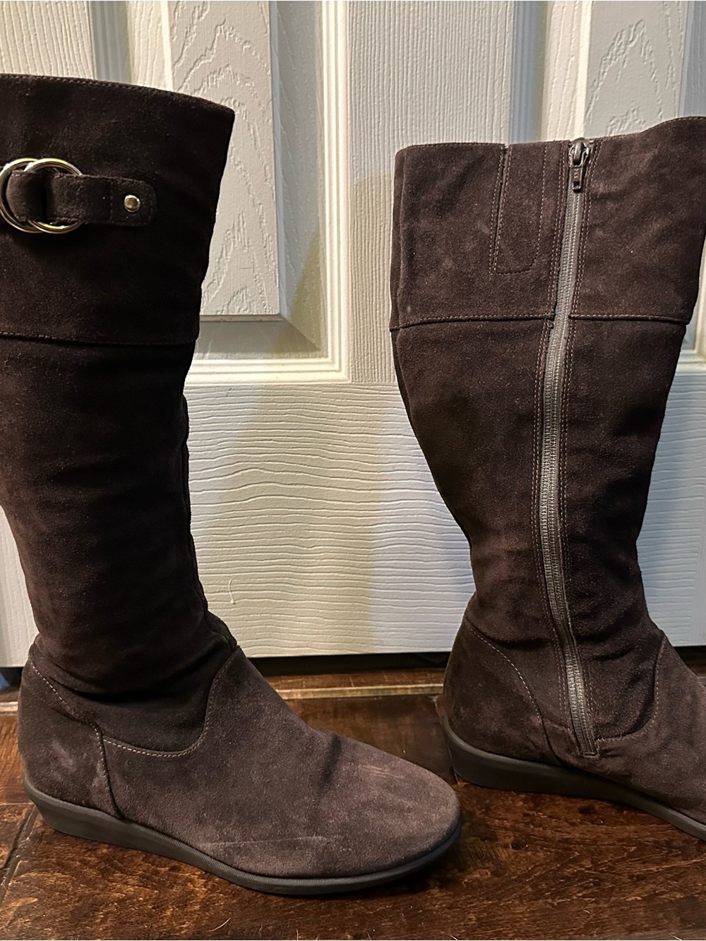 Cole Haan Dark Brown Suede Knee-High Zip Boots with Buckle